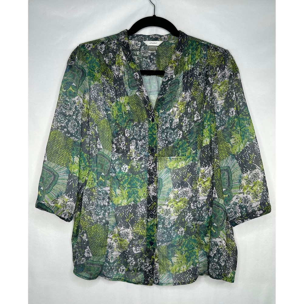 Cj Banks Green Patchwork Paisley Semi Sheer Button Front Pintuck Blouse Sz 3X